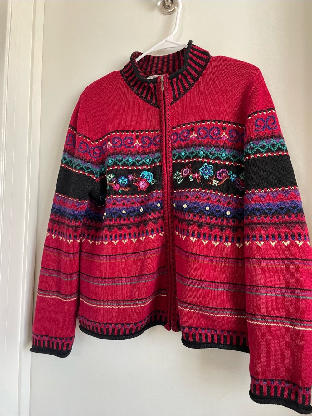 Koret Red Embroidered Zip-Front Cardigan